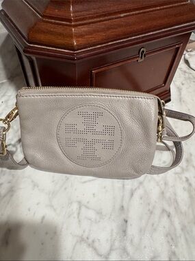 Tory Burch Taupe Leather Perforated Logo Crossbody